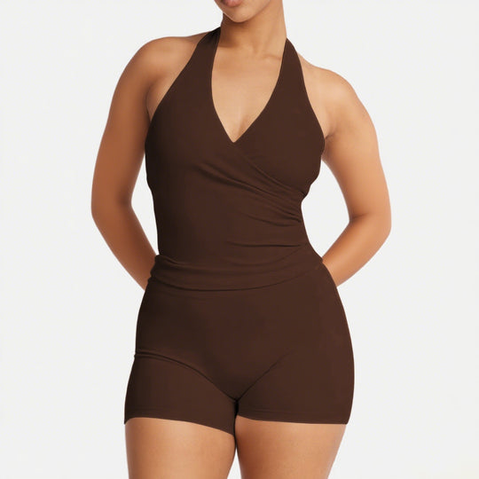 Damen Sportlicher Einteiler mit Wickeldesign und tiefem V-Ausschnitt EB