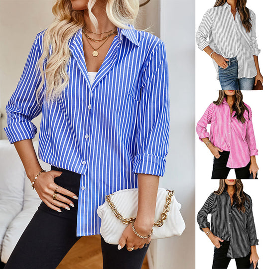 Damen gestreifte Bluse mit klassischem Kragen und lässigem Schnitt EB