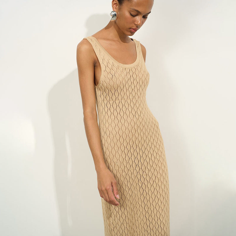 Damen elegantes Freizeit-Maxikleid mit raffiniertem Strickmuster EB