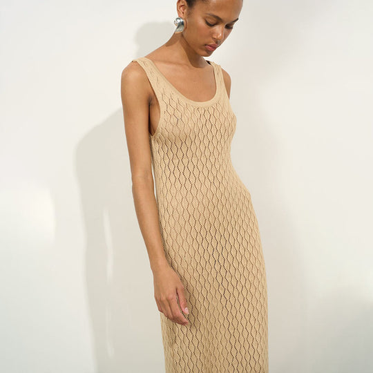 Damen elegantes Freizeit-Maxikleid mit raffiniertem Strickmuster EB