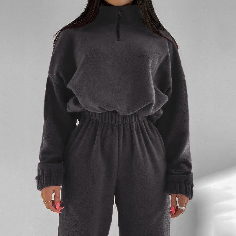 Damen Relax-Fleece-Set mit Stehkragen-Halbzip und geraffter High-Waist-Hose EB