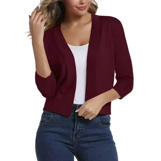 Damen nan offener Kurzcardigan mit dreiviertelärmeln und elastischem Saum EB