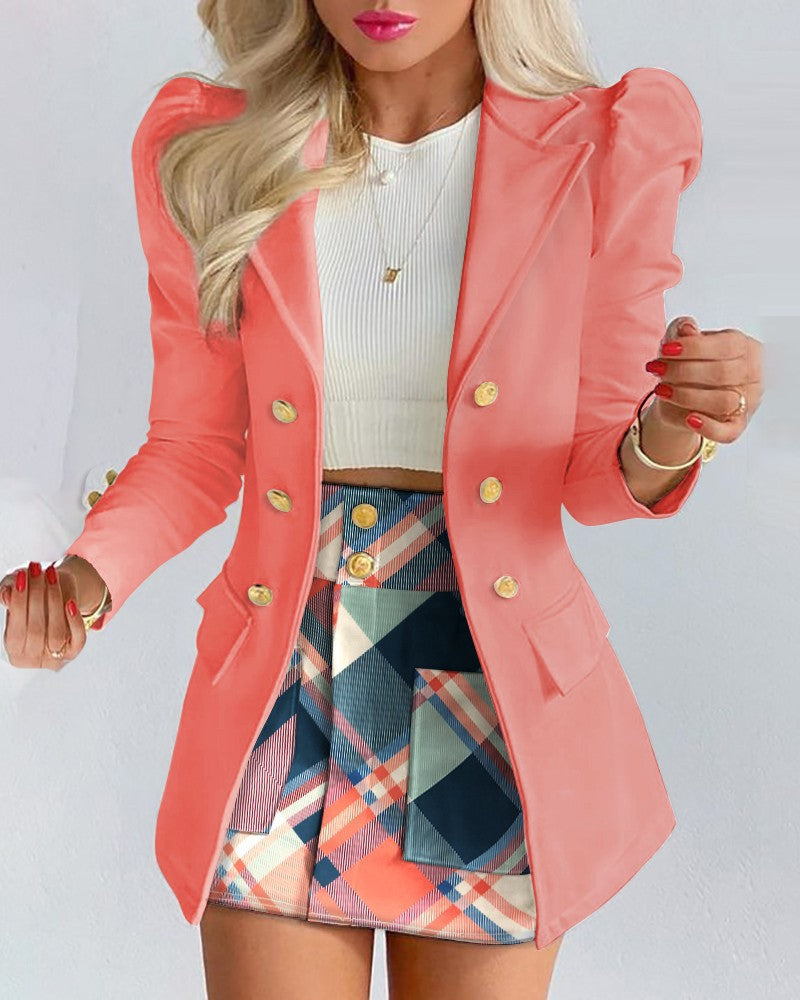 Damen Zweiteiliges karriertes Blazer- und Minirock-Set mit betonten Puffärmeln und goldenen Knöpfen EB