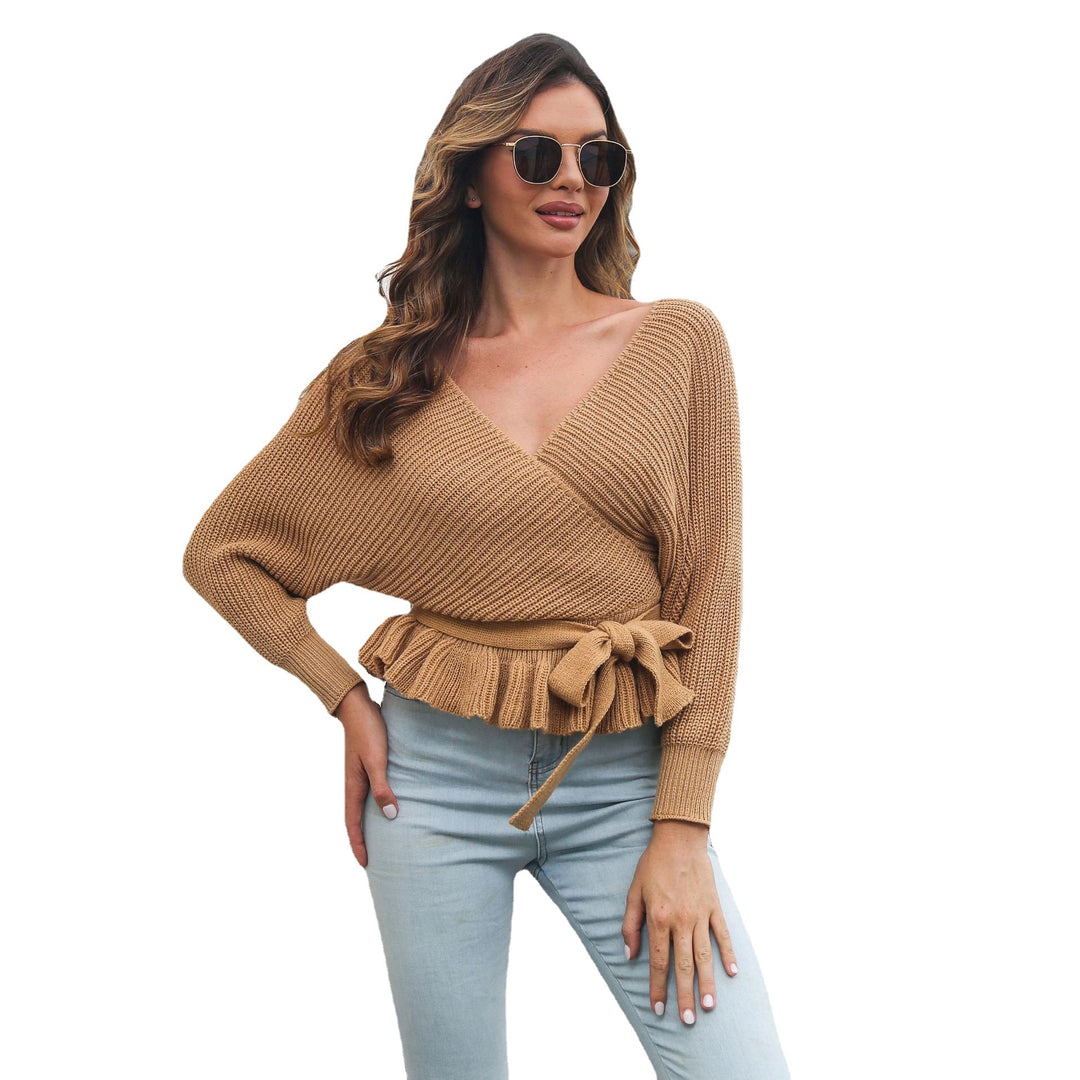 Damen Wickelpullover mit Rüschensaum und Taillengurt EB