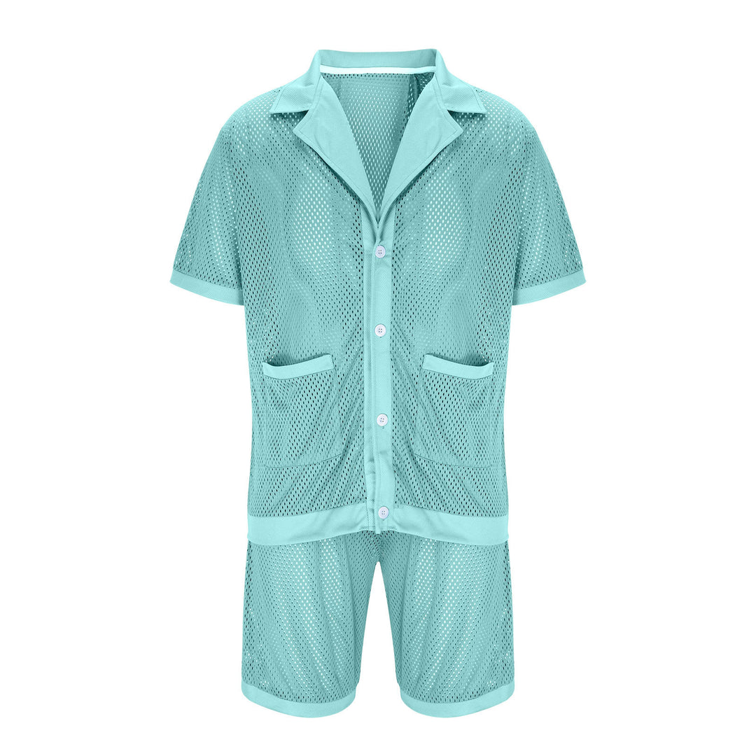 Damen Luftiges Netz-Pyjama-Set mit praktischen Taschen und Knopfleiste EB