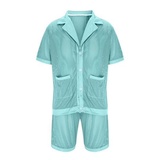 Damen Luftiges Netz-Pyjama-Set mit praktischen Taschen und Knopfleiste EB