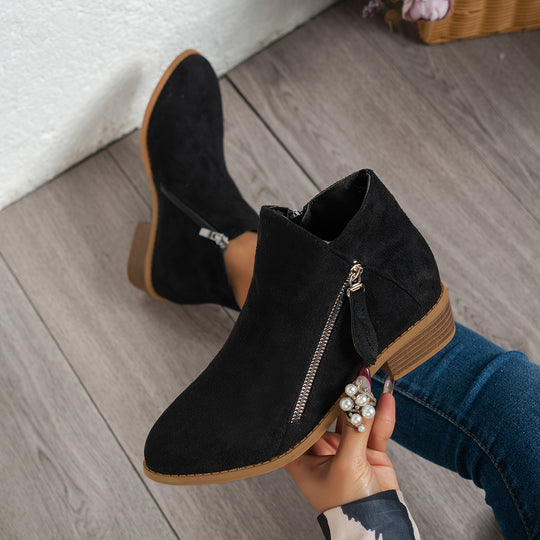 Damen Modische Stiefeletten mit seitlichem Reißverschluss und eleganter Perlenapplikation EB