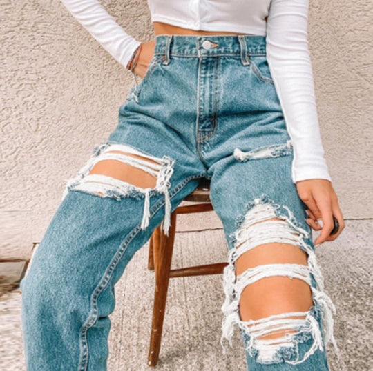 Damen Hochtaillierte Ripped Jeans mit fransigen Details EB
