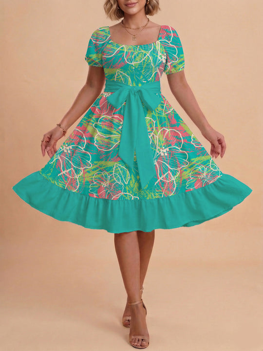 Damen Blumenkleid mit taillierbarem Gürtel und voluminösen Ärmeln EB