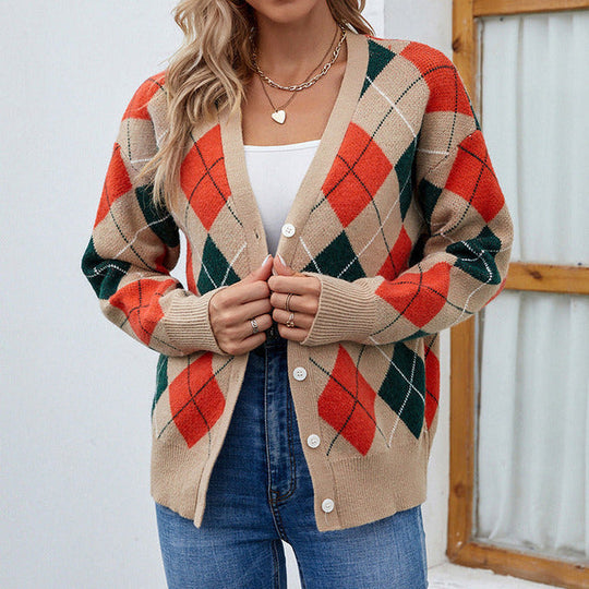 EB | Farbenfrohe Rautenmusterd Cardigan Polyester Lebhaft, Zeitlos