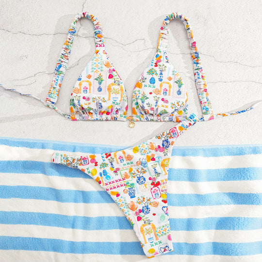 Damen Triangel-Bikini mit buntem Blumenmuster und verstellbaren Trägern EB