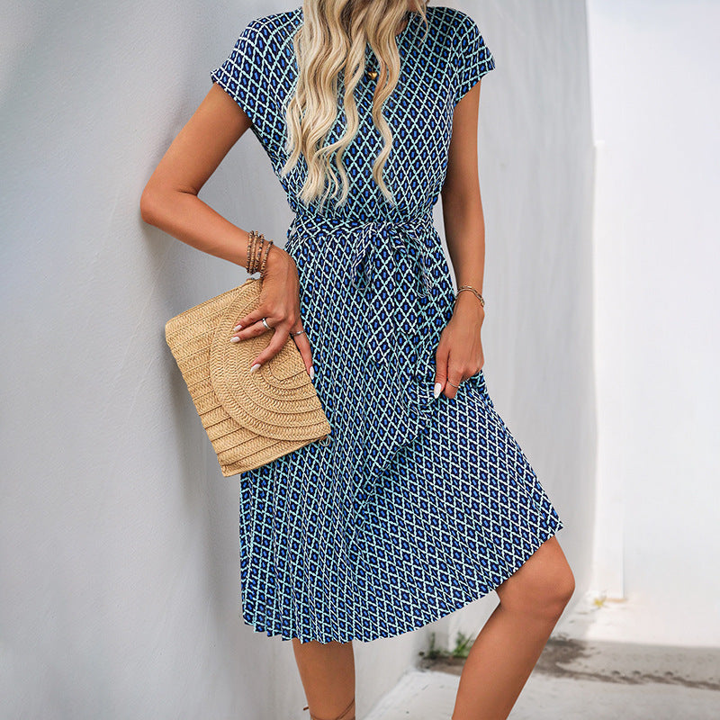 Damen Midi Sommerkleid mit bindbarem Taillengürtel und grafischem Muster EB