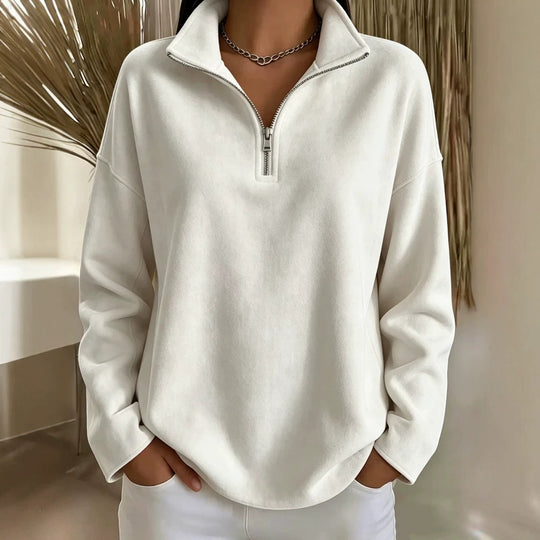 Damen Kuscheliger Oversize-Fleecepullover mit halbem Reißverschluss und Stehkragen EB