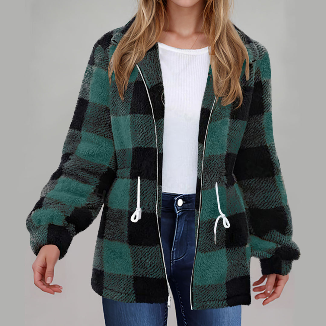 Damen Fleecejacke mit modischem Karomuster und praktischen Taschen EB