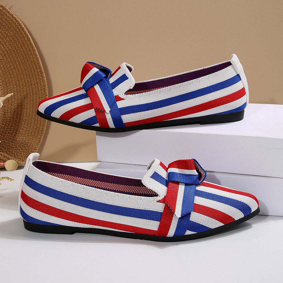 Damen Ballerinas mit modischem Streifenmuster und dekorativem Schleifen-Detail EB