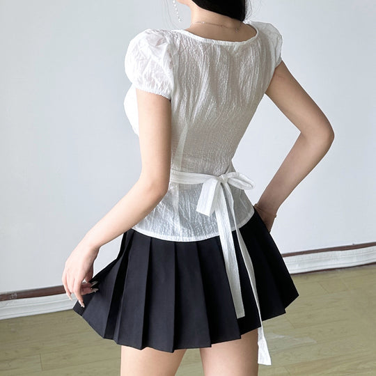 Damen Kurzarm Hemdbluse mit eleganter Raffung und verspieltem Bindeband EB