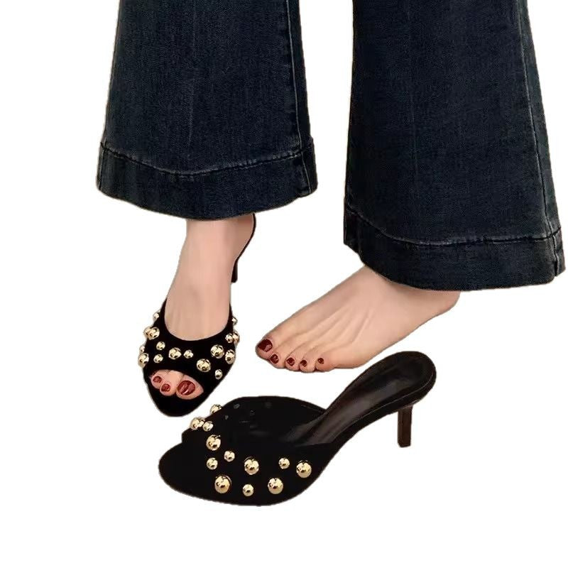 Damen elegante Mules mit goldenen Perlen EB