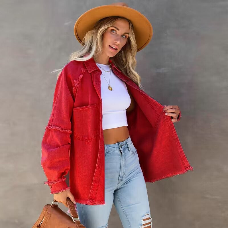 Damen Lässige Denim-Übergangsjacke im Vintage-Stil mit fransigen Details EB