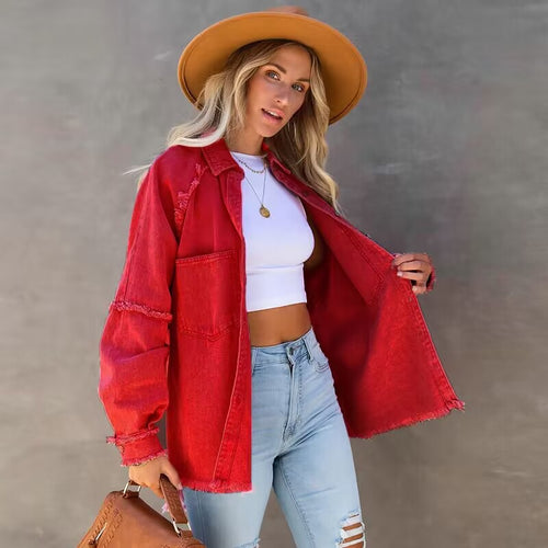 Damen Lässige Denim-Übergangsjacke im Vintage-Stil mit fransigen Details EB