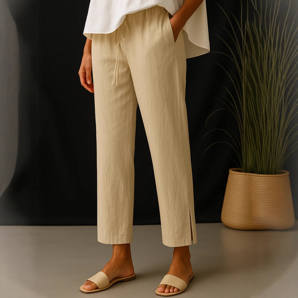 Damen Casual-Chino Leinenoptik Culotte mit elastischem Tunnelzugbund und Eingrifftaschen EB