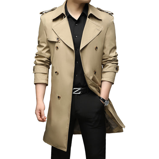 Herren Moderner Slim-Fit Trenchcoat mit Epauletten und doppelreihiger Knopfleiste EB