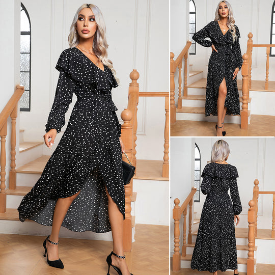 Damen Maxikleid mit Rüschenbesatz und Schlitz EB