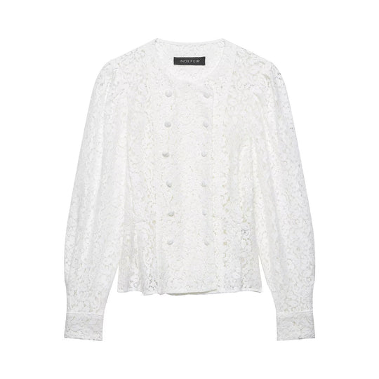 Damen Spitzenbluse mit dekorativen Knöpfen und eleganter Passform EB