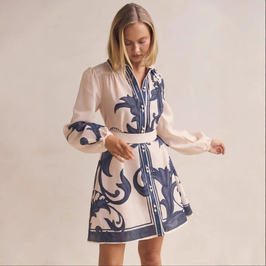 Damen Shirtkleid mit geschmeidigen Puffärmeln und floralem Design EB