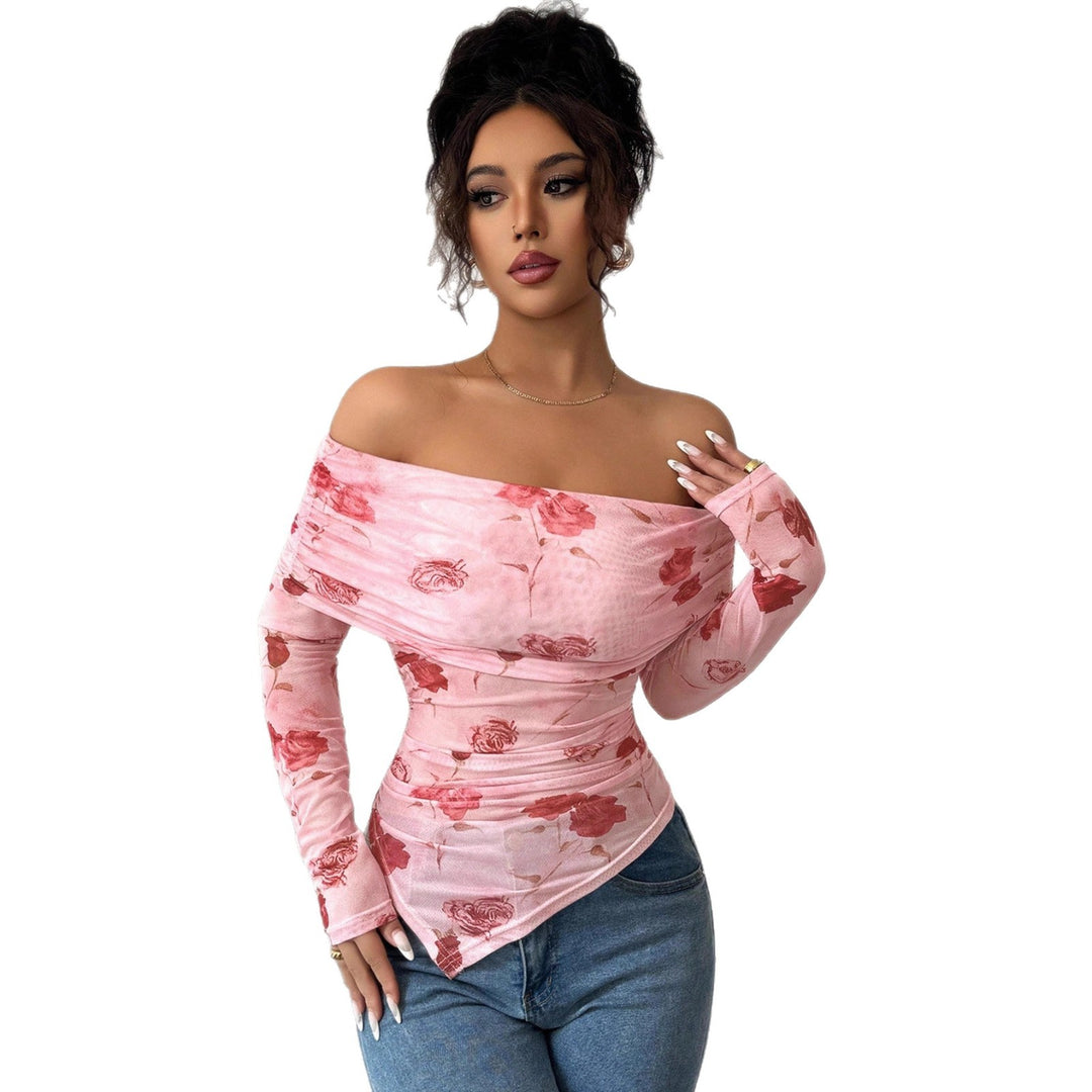 Damen nan schulterfreies gerafftes Langarm-Oberteil aus feinem Mesh mit floralem Print und taillierter Silhouette EB