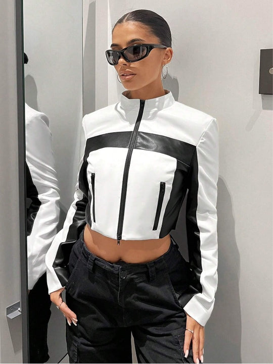 Damen Sportliche cropped Jacke aus Kunstleder mit Kontrastdetails EB