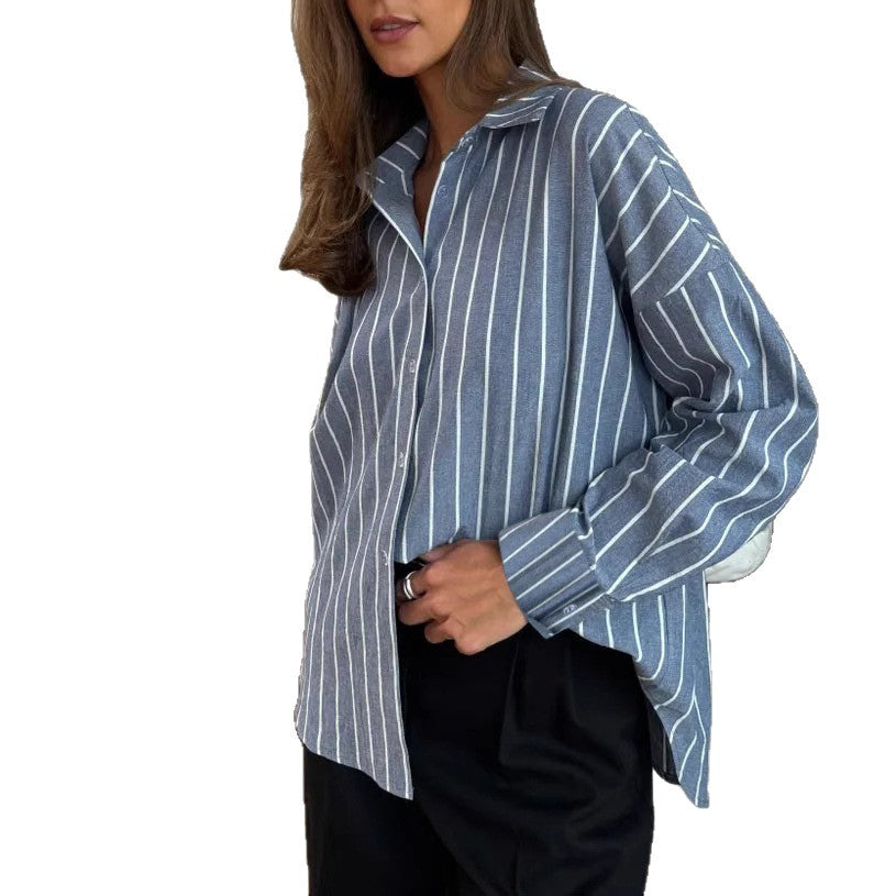 Damen lässige Baumwollbluse mit gestreiftem Design und lockerer Passform EB