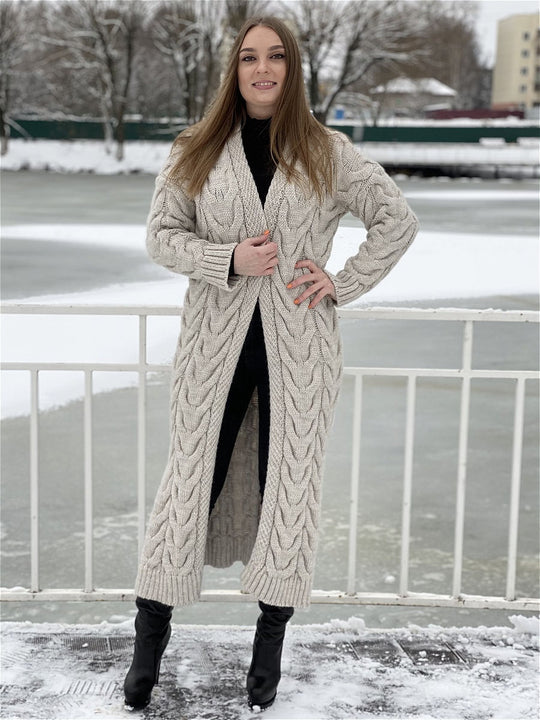 Damen Grobstrickmantel mit offenem Schnitt und praktischen Taschen EB