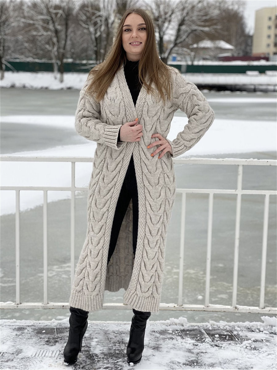Damen Grobstrick-Mantel mit markantem Zopfdesign und offenem Schnitt EB