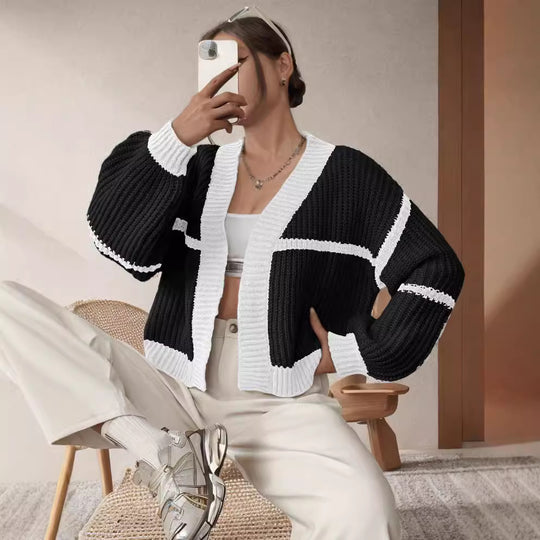 Damen Grobstrickjacke mit voluminösen Ärmeln und modernem Karomuster EB