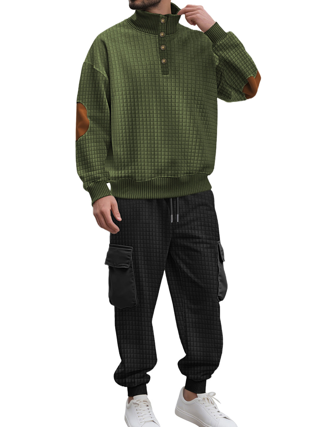 Herren nan Karo-Relief-Sweatset mit Stehkragen-Knopfleiste, Velours-Ellenbogenpatches und Cargo-Jogger EB