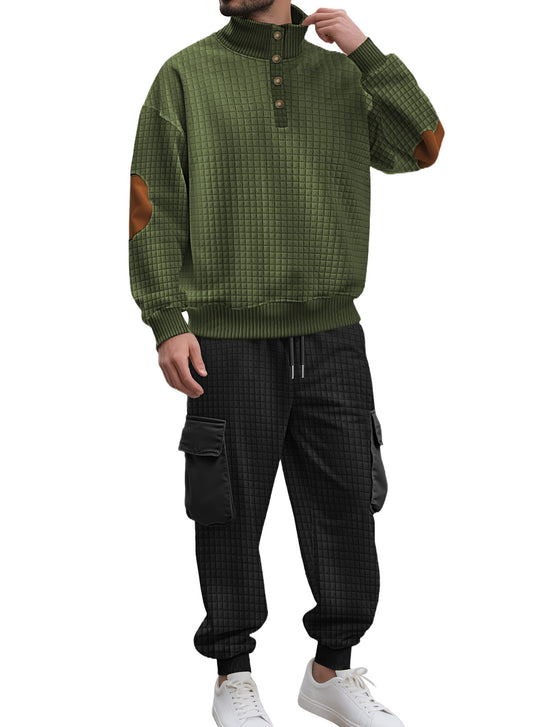 Herren nan Karo-Relief-Sweatset mit Stehkragen-Knopfleiste, Velours-Ellenbogenpatches und Cargo-Jogger EB