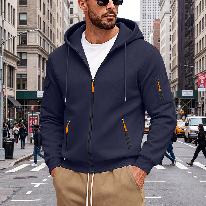 Herren Kapuzen-Sweatjacke mit durchgehendem Reißverschluss und mehreren Sicherheits-Taschen EB