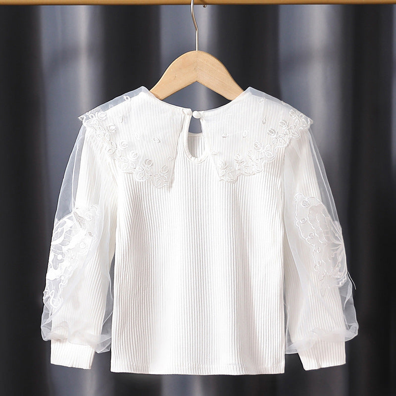 Mädchen Bluse mit transparenten Puffärmeln und floralem Spitzenbesatz EB