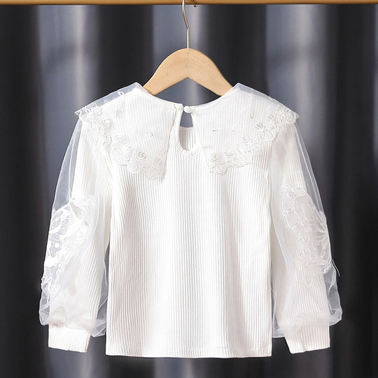 Mädchen Bluse mit transparenten Puffärmeln und floralem Spitzenbesatz EB