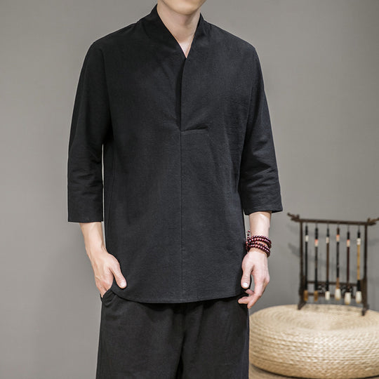 Herren nan modern geschnittene Kimono-Hemdjacke mit V-Kragen und 3/4-Ärmeln EB