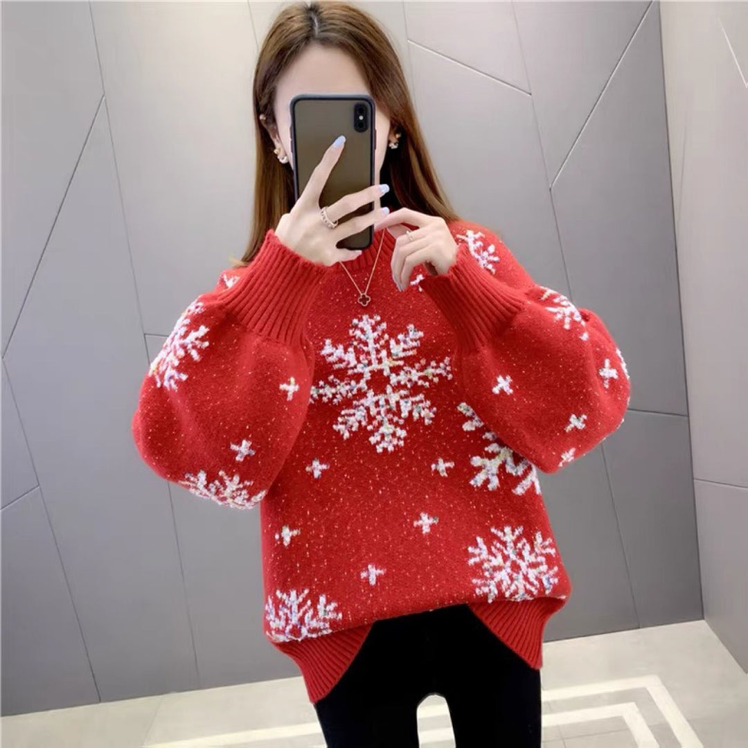 Damen Strickpullover mit Wintermotiv und Puffärmeln EB