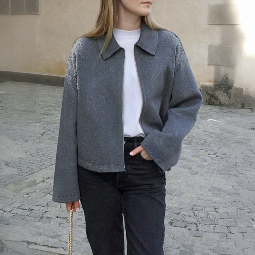 Damen nan kaschmirähnliche Wolljacke mit durchgehendem Reißverschluss, oversized Schnitt und Hemdkragen EB
