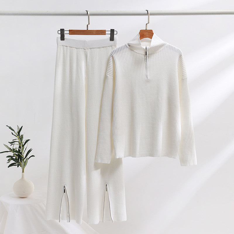 Damen lässiges Strickensemble mit hohem Kragen und seitlichen Schlitzen EB