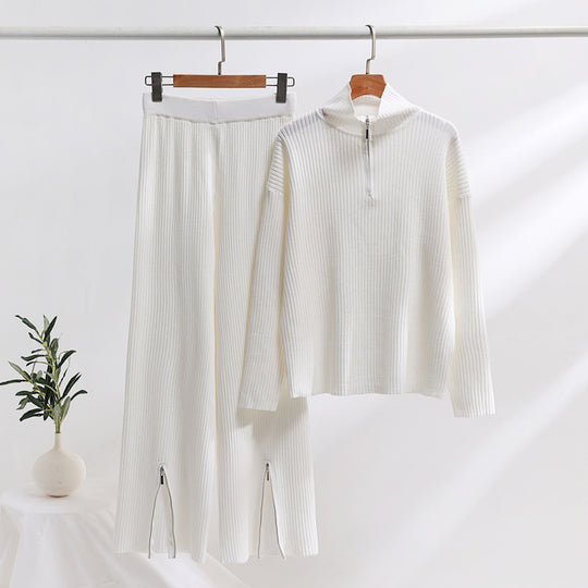 Damen lässiges Strickensemble mit hohem Kragen und seitlichen Schlitzen EB