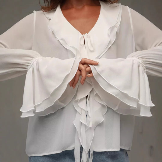 Damen leichtes Chiffon-Blusenshirt mit Rüschen und Kordelzug EB