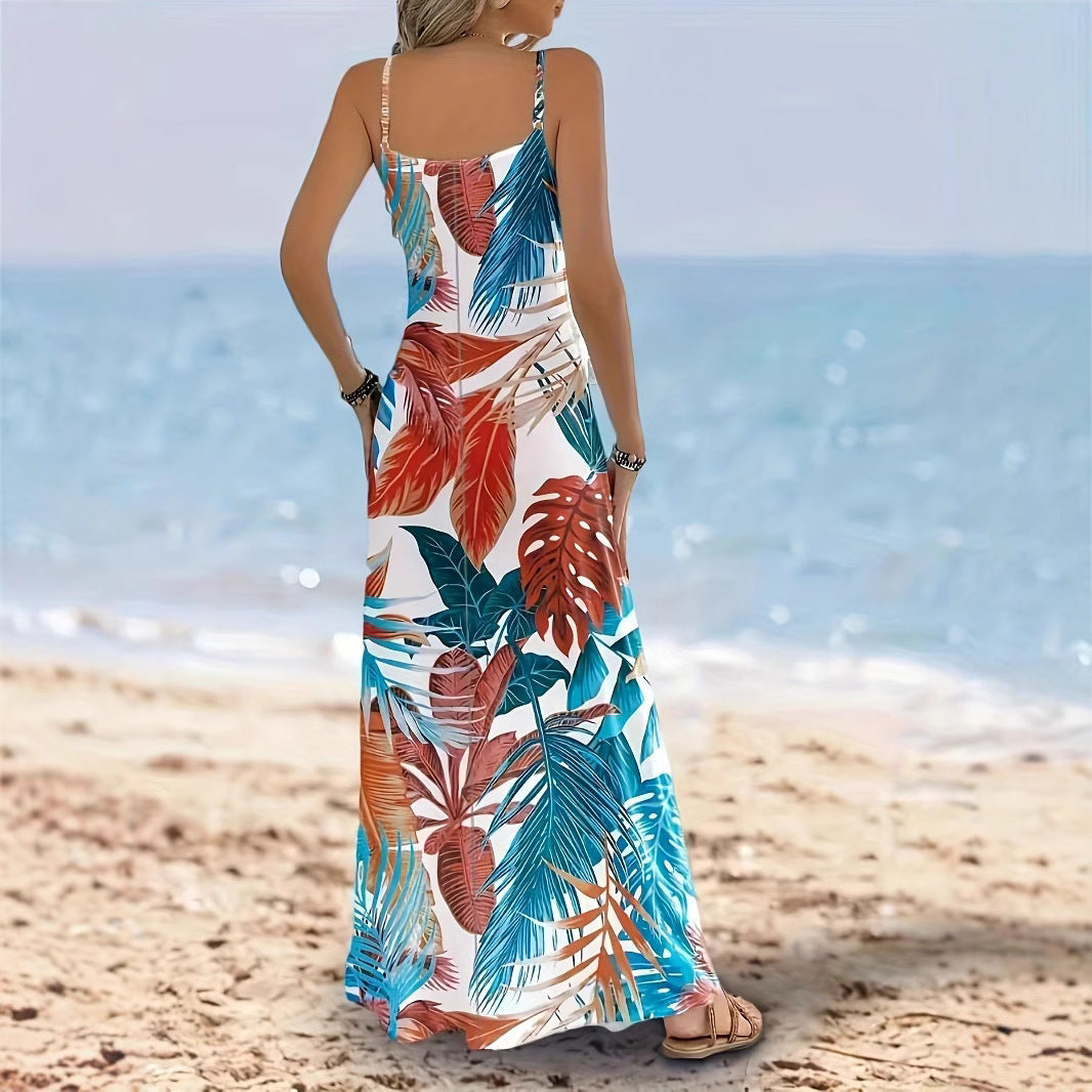 Damen Maxikleid mit tropischem Druck und Trägerdesign EB