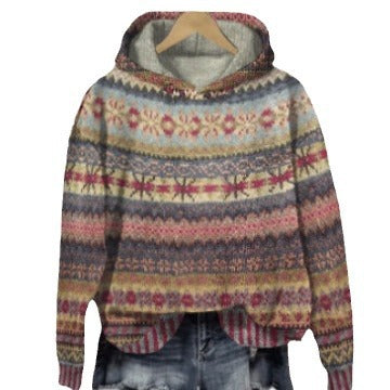 Damen nan oversized Strickkapuzenpullover mit Norwegermuster, gefütterter Kapuze und gerippten Bündchen EB