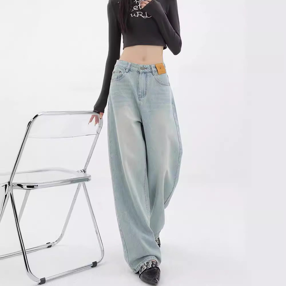 Damen Weit geschnittene Denim-Hose mit lässigem Design und hoher Taille EB