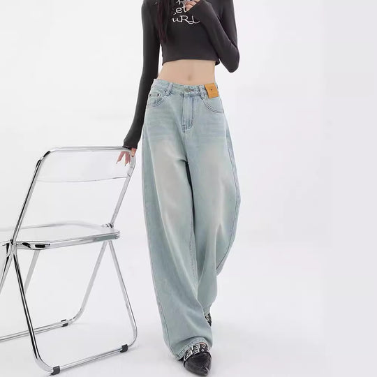 Damen Weit geschnittene Denim-Hose mit lässigem Design und hoher Taille EB