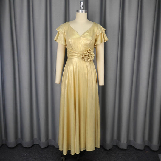 Damen glamouröses Abendkleid mit elegantem V-Ausschnitt und voluminösen Rüschensäumen EB